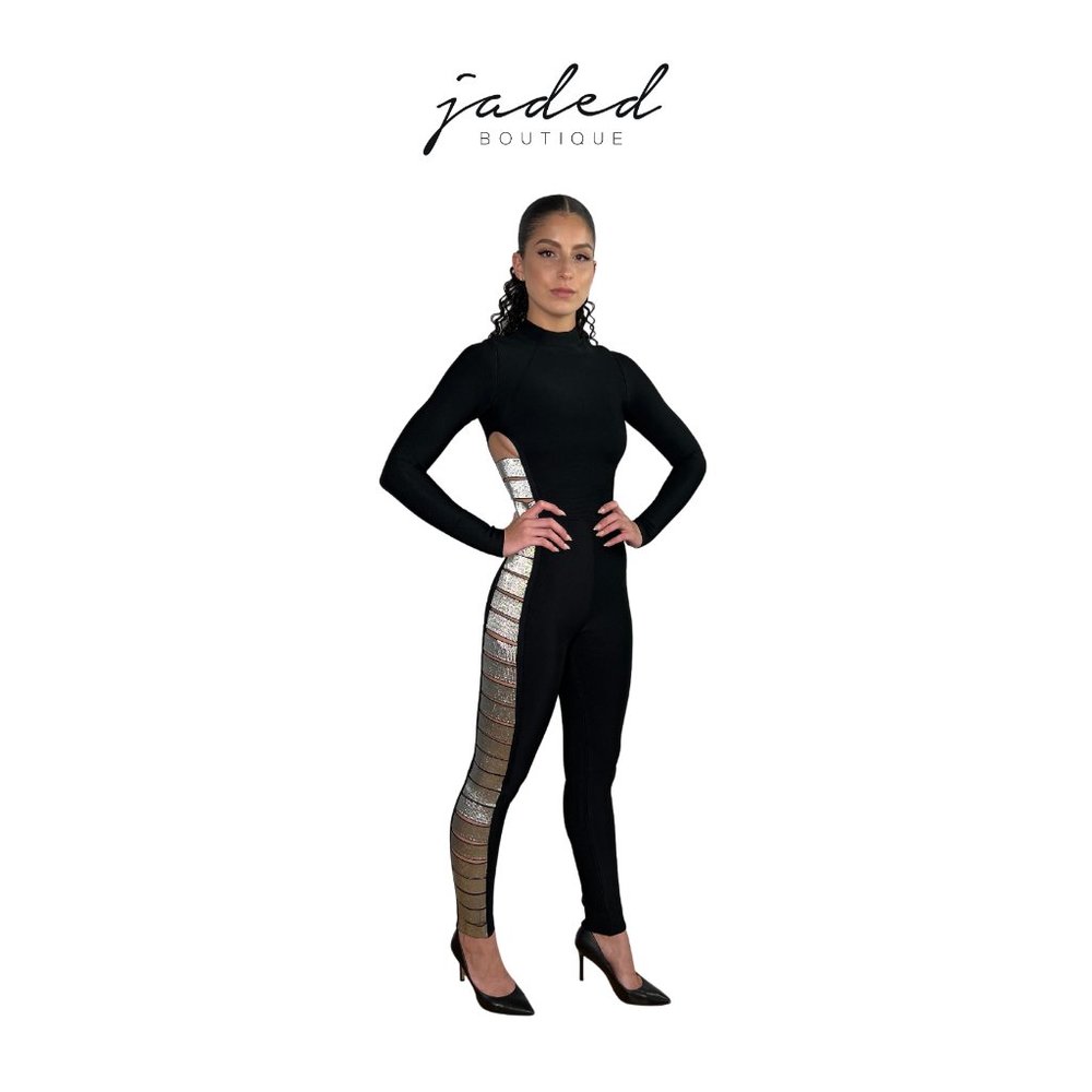 Black Jumpsuit With Silver Cut Outs